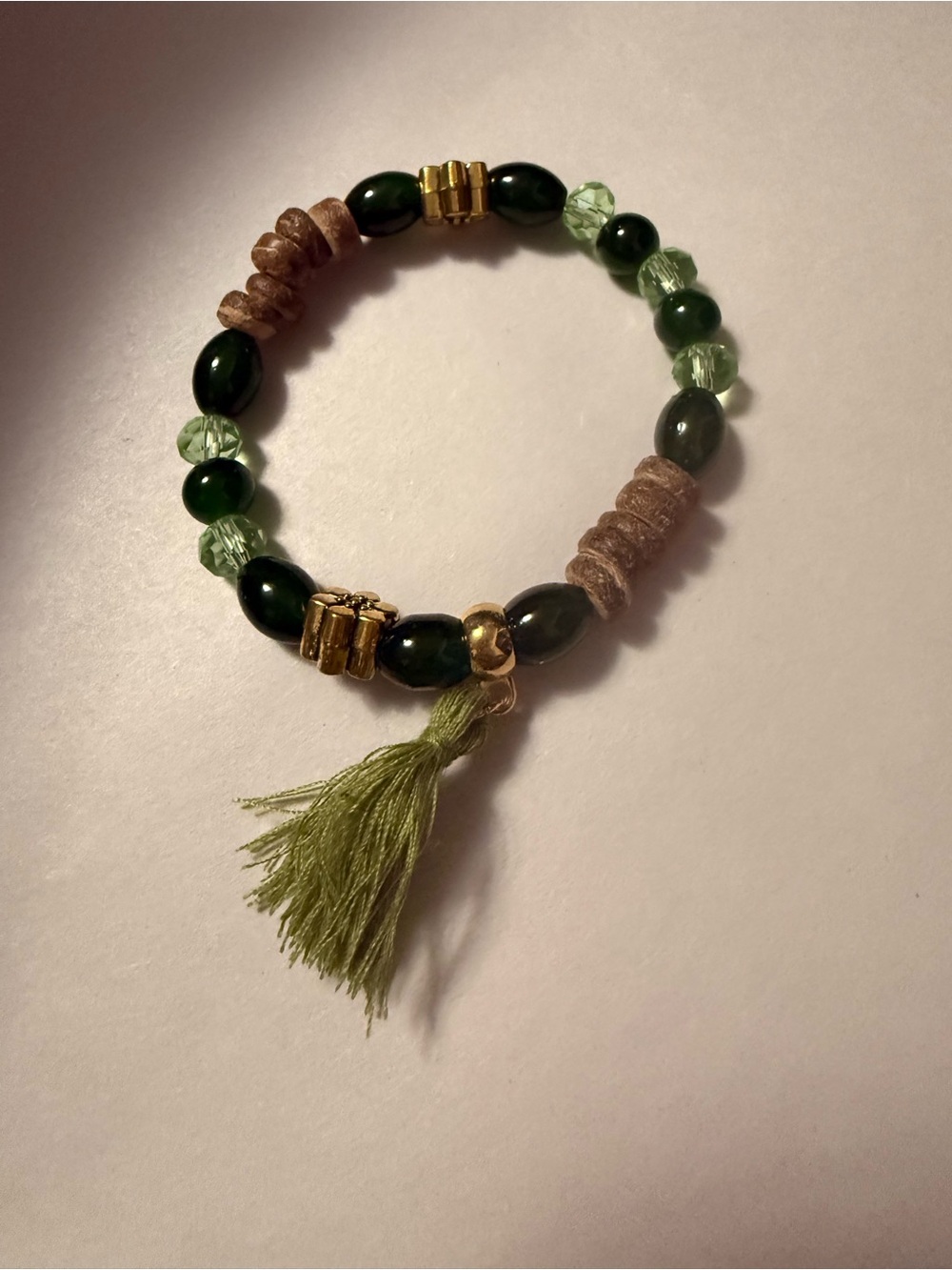 Boho Green Beaded Tassel Bracelet Gold Tone Floral Mixed Beads